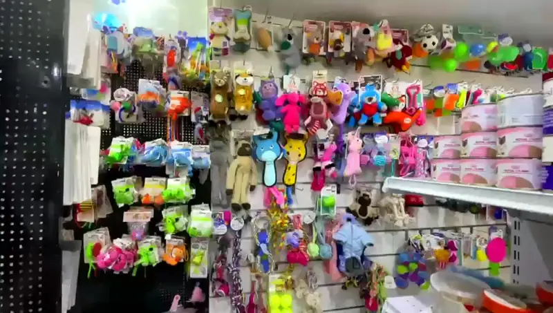 A wall of toys and accessories in the Petlove shop